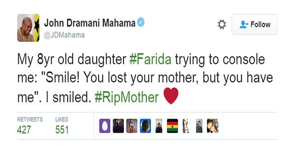 Ghana: Le président Mahama révèle comment sa fille l'a réconforté après la mort de sa mère