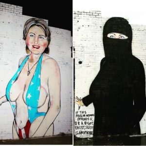 Un artiste australien habille Hillary Clinton en bikini, puis en voile intégrale, malgré des plaintes (photo)