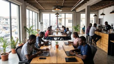 Young African entrepreneurs working in a modern coworking office