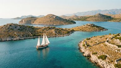 Sailing yacht navigating through the Kornati archipelago in Croatia on the Adriatic Sea