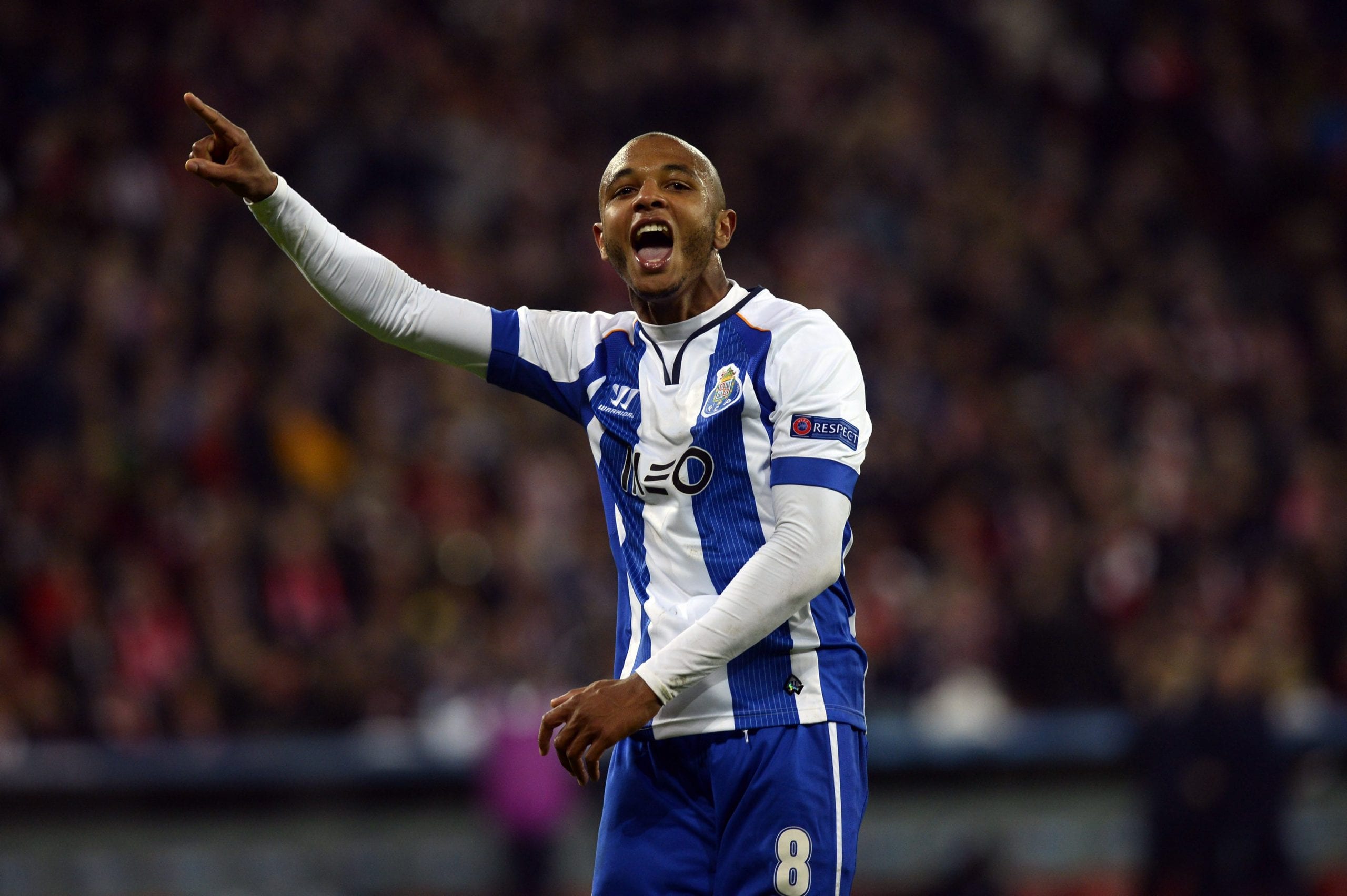Porto’s Yacine Brahimi celebrates a goal during their Champions League Group H soccer match against Athletic Bilbao at San Mames stadium in Bilbao