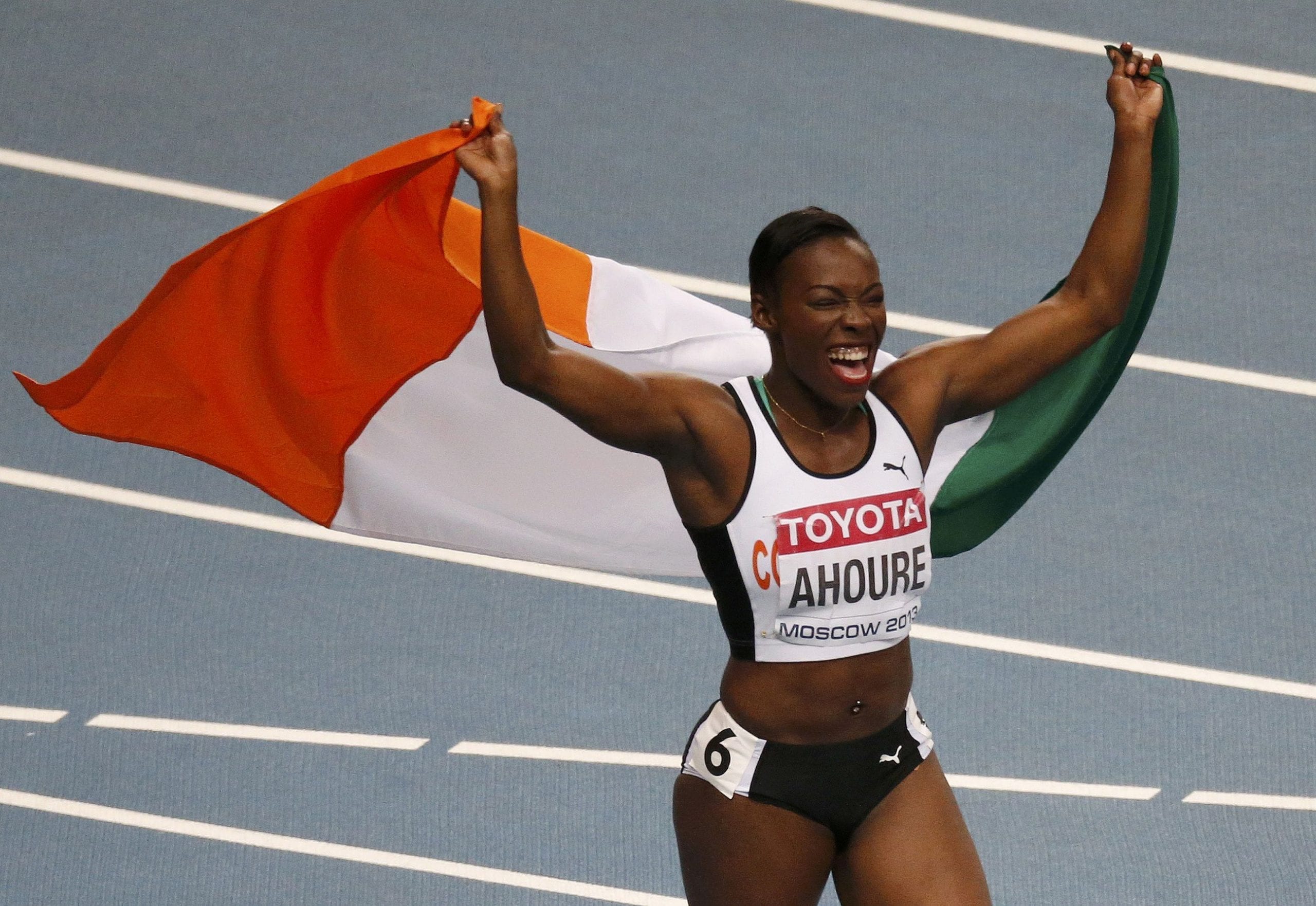 Ahoure of the Ivory Coast celebrates winning second place in the women’s 100 metres final during the IAAF World Athletics Championships at the Luzhniki Stadium in Moscow