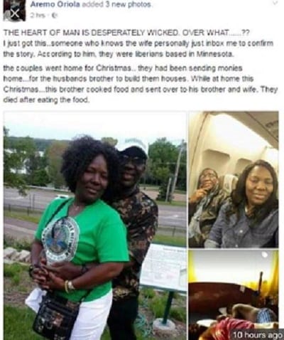 Un couple libérien basé aux USA rentré au pays pour Noel est empoisonné par le frère de l'époux: PHOTO
