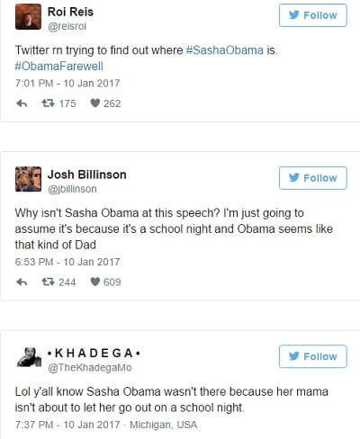 USA: Pourquoi Sasha Obama etait absente au discours d'adieux de son père