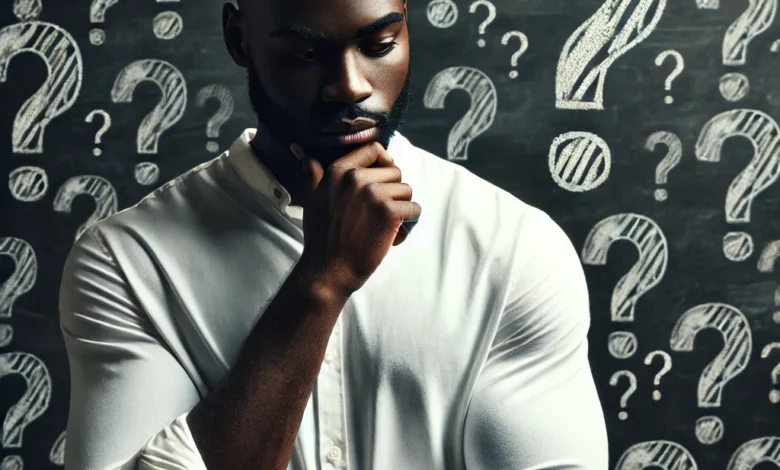 DALL·E 2025-01-18 08.27.44 – A pensive Black man with a thoughtful expression, standing in front of a chalkboard filled with question marks. He is wearing a white shirt with rolle