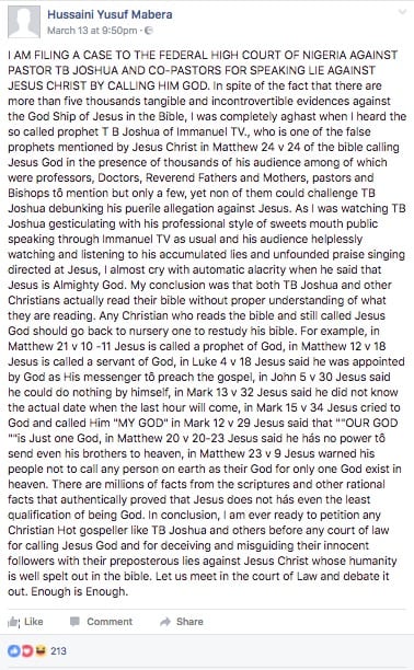 T.B Joshua: Un musulman menace de l'envoyer en justice pour avoir dit Jésus-Christ est Dieu