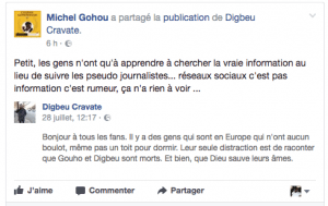 Gohou Michel très remonté contre une folle rumeur annonçant sa mort.
