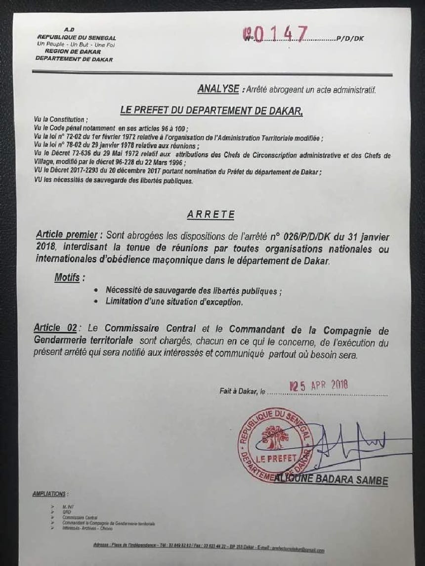 Le Sénégal ouvre ses portes aux francs-maçons (communiqué)