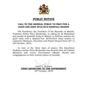 Malawi : Le président Peter Mutharika décrète trois jours de prière pour la pluie