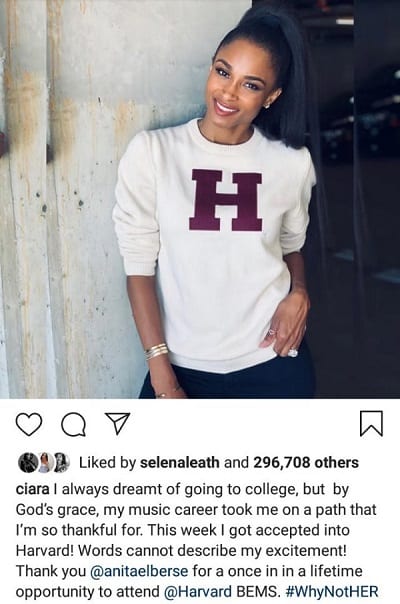 La chanteuse amÃ©ricaine Ciara acceptÃ©e Ã  la prestigieuse Ã©cole d'Harvard