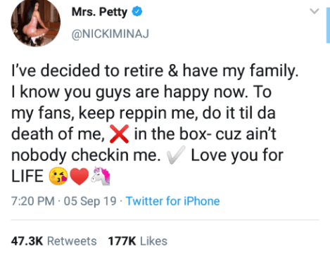 Musique: à 36 ans Nicki Minaj annonce sa retraite et donne ses raisons... ses fans réagissent