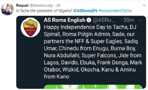L'A.S. Roma souhaite aux Nigérians une bonne fête d’indépendance de façon surprenante