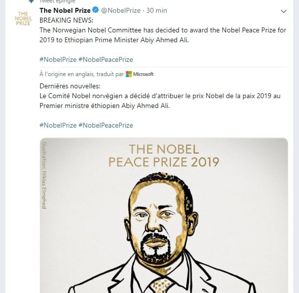 Le premier ministre éthiopien Abiy Ahmed, Prix Nobel de la Paix 2019