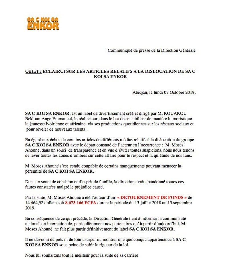 L’acteur Moses Ahoune est rétiré du Label « Sa c koi sa enkor »