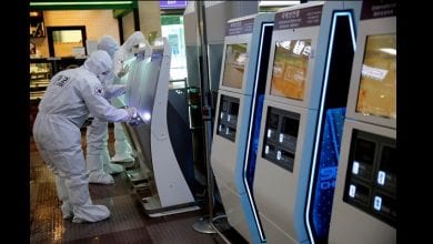 South Korean clean self check-in machines after spraying disinfectant at the international airport amid the rise in confirmed cases of coronavirus disease (COVID-19) in Daegu