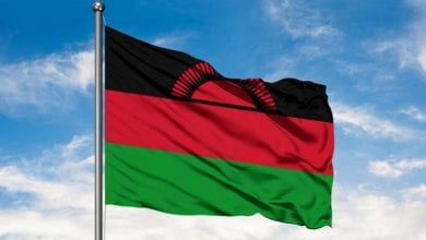 Flag of Malawi waving in the wind against white cloudy blue sky. Malawian flag.