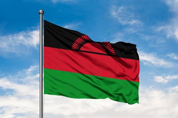 Flag of Malawi waving in the wind against white cloudy blue sky. Malawian flag.
