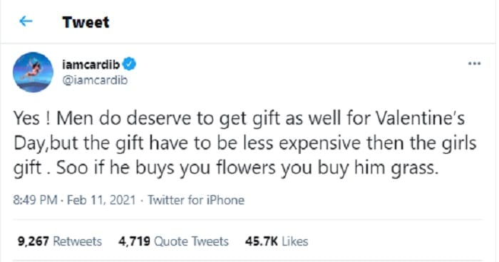 "S'il vous achète des fleurs, achetez-lui de l'herbe'', conseille Cardi B aux femmes pour la Saint-Valentin