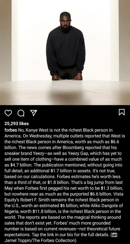 "Kanye West n'est PAS la personne noire la plus riche d'Amérique" - Forbes réfute le rapport de Bloomberg