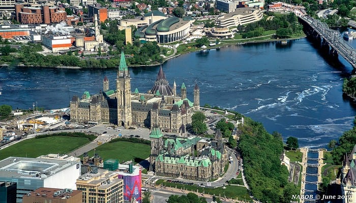 Ottawa, Ontario, Canada: Aerial view of Parliament Hill