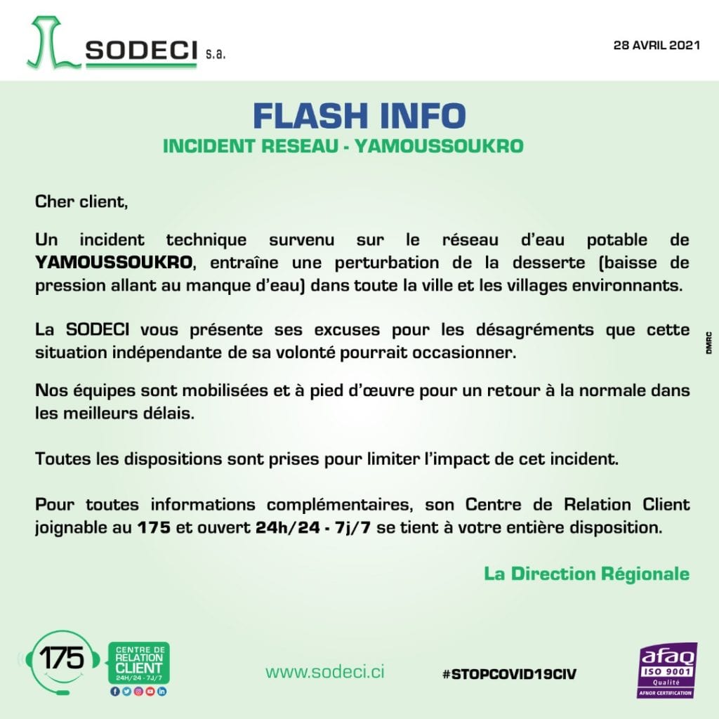 Flash Info/ la SODECI annonce une perturbation du réseau dans la ville de Yamoussoukro