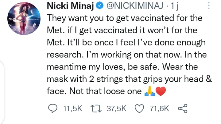 Nicki Minaj : la rappeuse dit Non au vaccin contre la Covid-19 et donne ses raisons