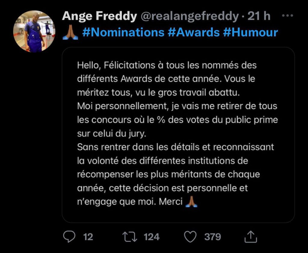 Côte d'Ivoire-Awards/ L'humoriste Ange Freddy prend une décision radicale