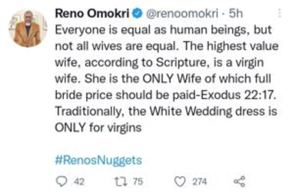 Reno Omokri: “Une épouse vierge est la seule pour qui la dot doit être payée en entier”