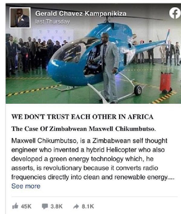 Un Zimbabwéen invente un hélicoptère qui convertit les radiofréquences en énergie propre