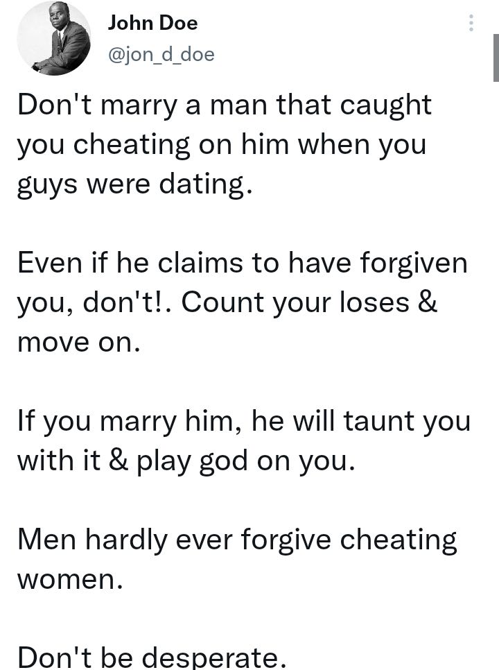 "N'épousez pas un homme qui vous a surpris en train de le tromper" - Un coach de relations aux femmes