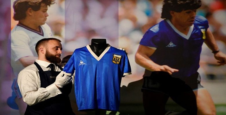 Shirt worn by Argentinian soccer player Maradona is displayed ahead of auction by Sotheby’s, in London
