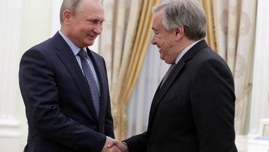 Russian President Vladimir Putin meeting with United Nations Secretary General Antonio Guterres in Moscow, Russia, on Tuesday