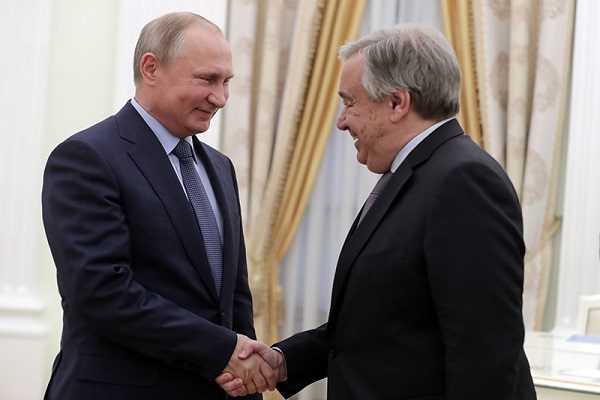 Russian President Vladimir Putin meeting with United Nations Secretary General Antonio Guterres in Moscow, Russia, on Tuesday