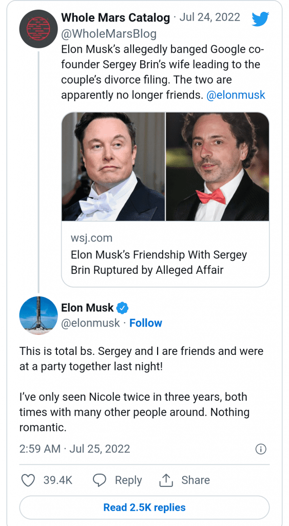 Accusé d'avoir eu une liaison avec l'épouse du co-fondateur de Google, Elon Musk dit ses vérités