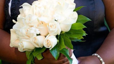 bride-wedding-flowers-black-wedding-dress-wedding-bouquet-white-roses-wedding-bouquet-with-crystals-african-american-bride-summer