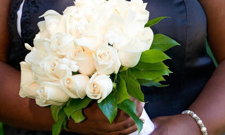 bride-wedding-flowers-black-wedding-dress-wedding-bouquet-white-roses-wedding-bouquet-with-crystals-african-american-bride-summer