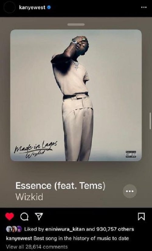 Nigeria/ Kanye West déclare "Essence" de Wizkid la meilleure chanson de l'histoire de la musique 