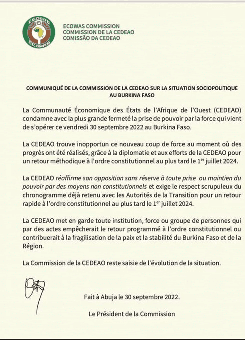 Burkina/ Un communiqué bizarre de la Cedeao, après le coup d'Etat contre le Colonel Damiba