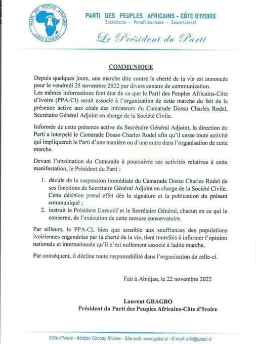 Marche contre la vie chère / Gbagbo dit que son parti n'est pas concerné et suspend un cadre