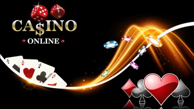 Vector design casino banner. Poker background with dice, casino chips, playing cards