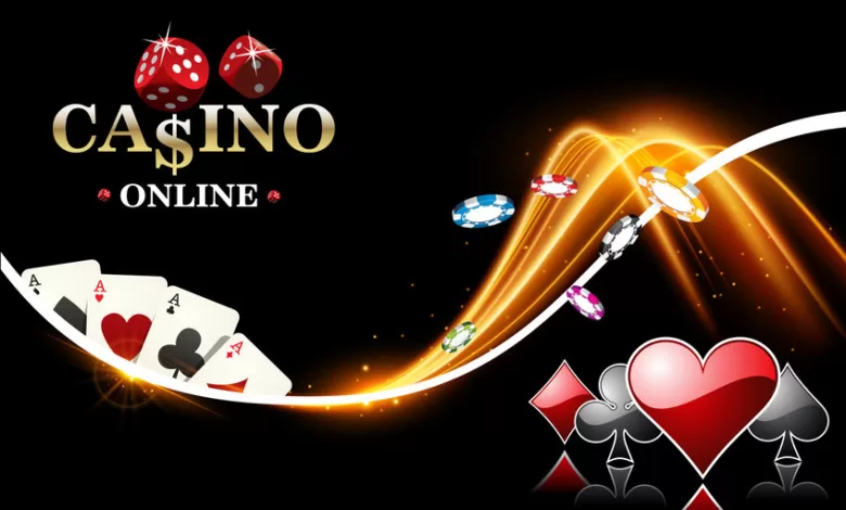 Vector design casino banner. Poker background with dice, casino chips, playing cards