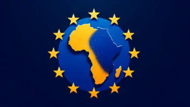 DALL·E 2024-04-02 18.56.07 – A graphic showcasing a combination of the European Union (EU) flag and the map of Africa. The EU flag, characterized by a circle of twelve golden star