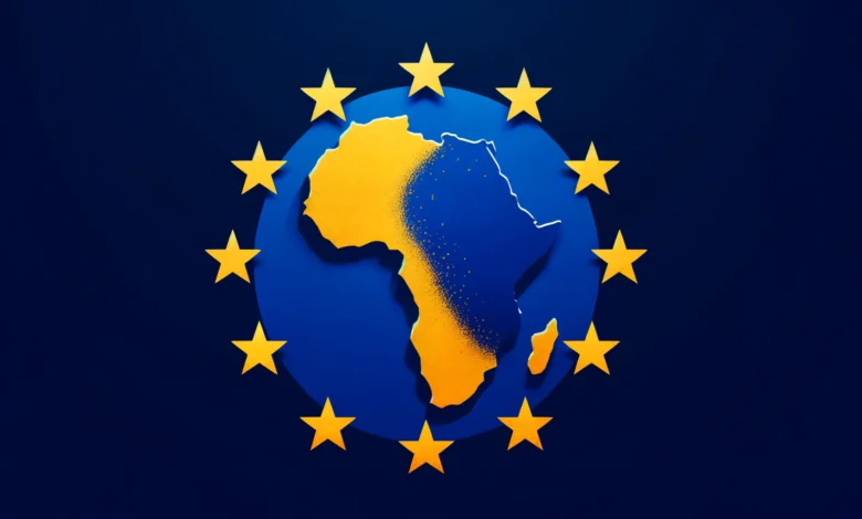 DALL·E 2024-04-02 18.56.07 – A graphic showcasing a combination of the European Union (EU) flag and the map of Africa. The EU flag, characterized by a circle of twelve golden star