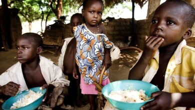 Local children in the village of Kibilo Tougu eating bowls of rice.