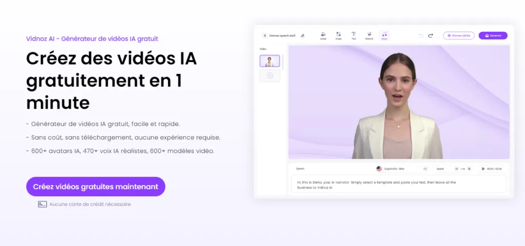 Vidnoz AI - Meilleur générateur de vidéo IA gratuit