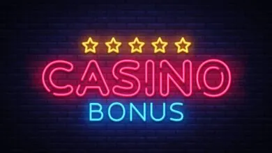 Casino Bonus Neon Text Vector. Bonus neon sign, design template, modern trend design, casino neon signboard, night bright advertising, light banner, light art. Vector illustration