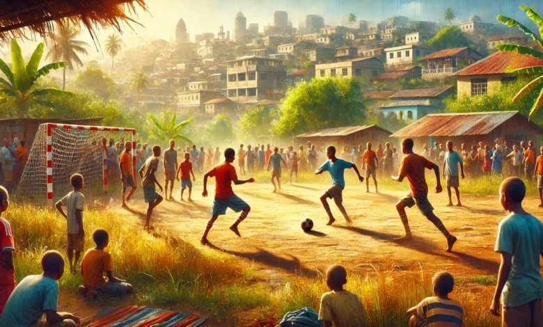 A vibrant and realistic depiction of a community sports field in Africa