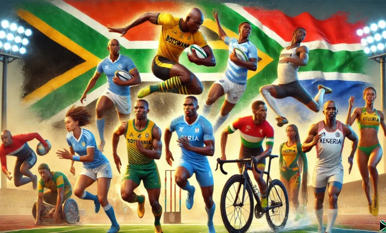 showcasing African sports icons and their sports from 2024. Include representations of a sprinter resembling Le