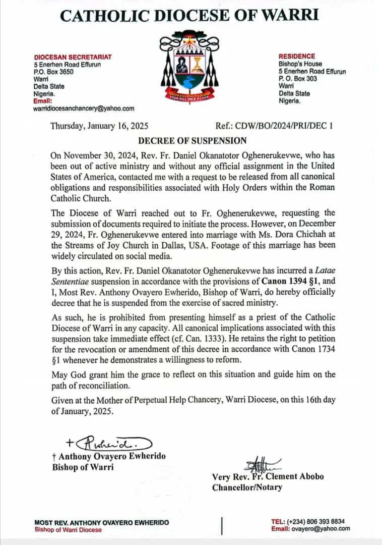 Un prêtre catholique nigérian se marie secrètement aux États-Unis