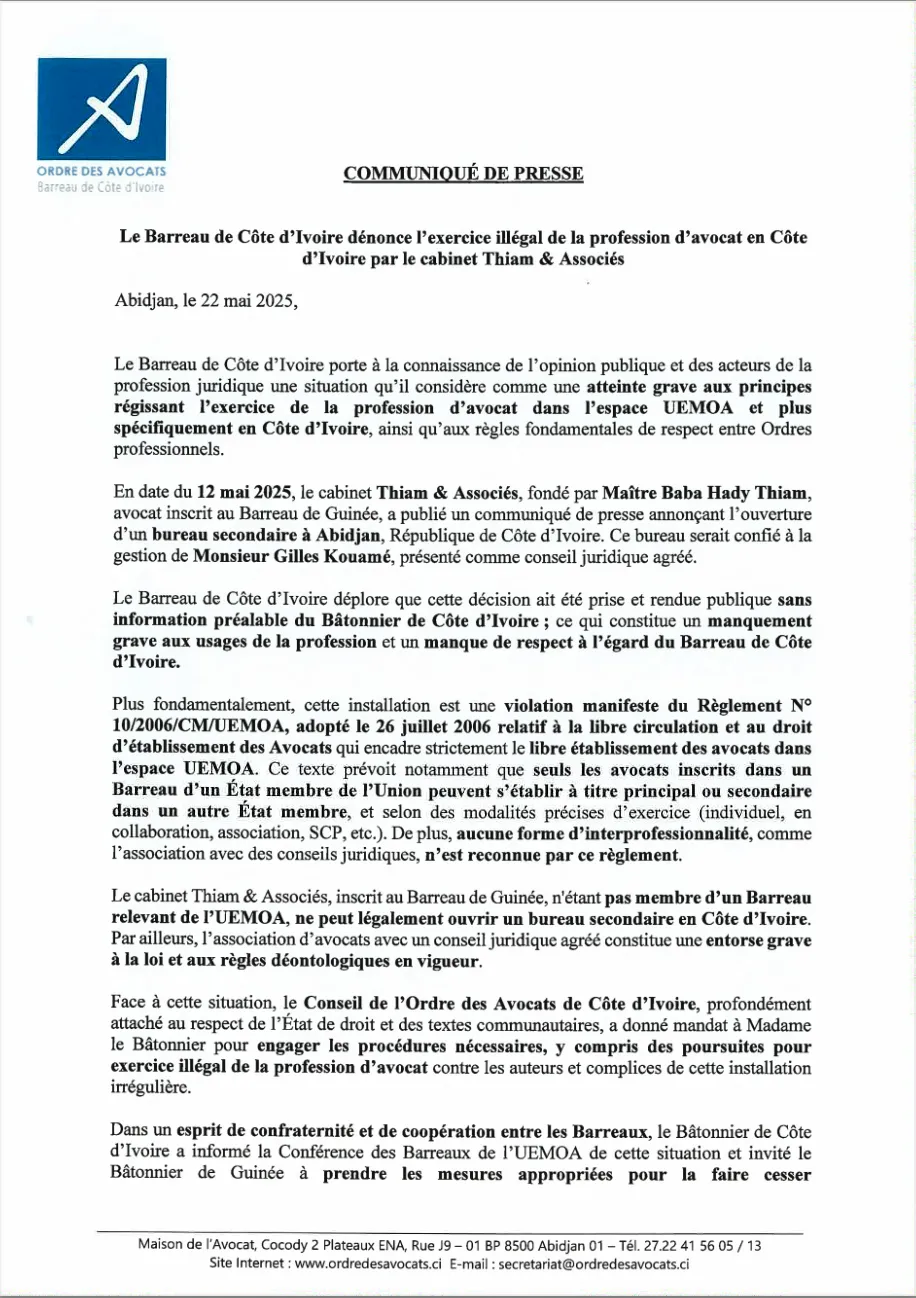 Communiqué : Le Barreau de Côte d'Ivoire dénonce l'exercice illégal de la profession d'avocat en Côte d'Ivoire par le cabinet Thiam & Associés